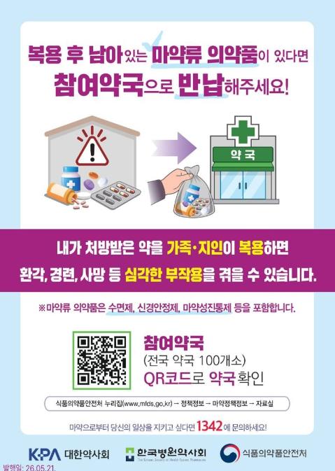 식품의약품안전처, 먹고 남은 마약류 의약품, 참여약국으로 반납